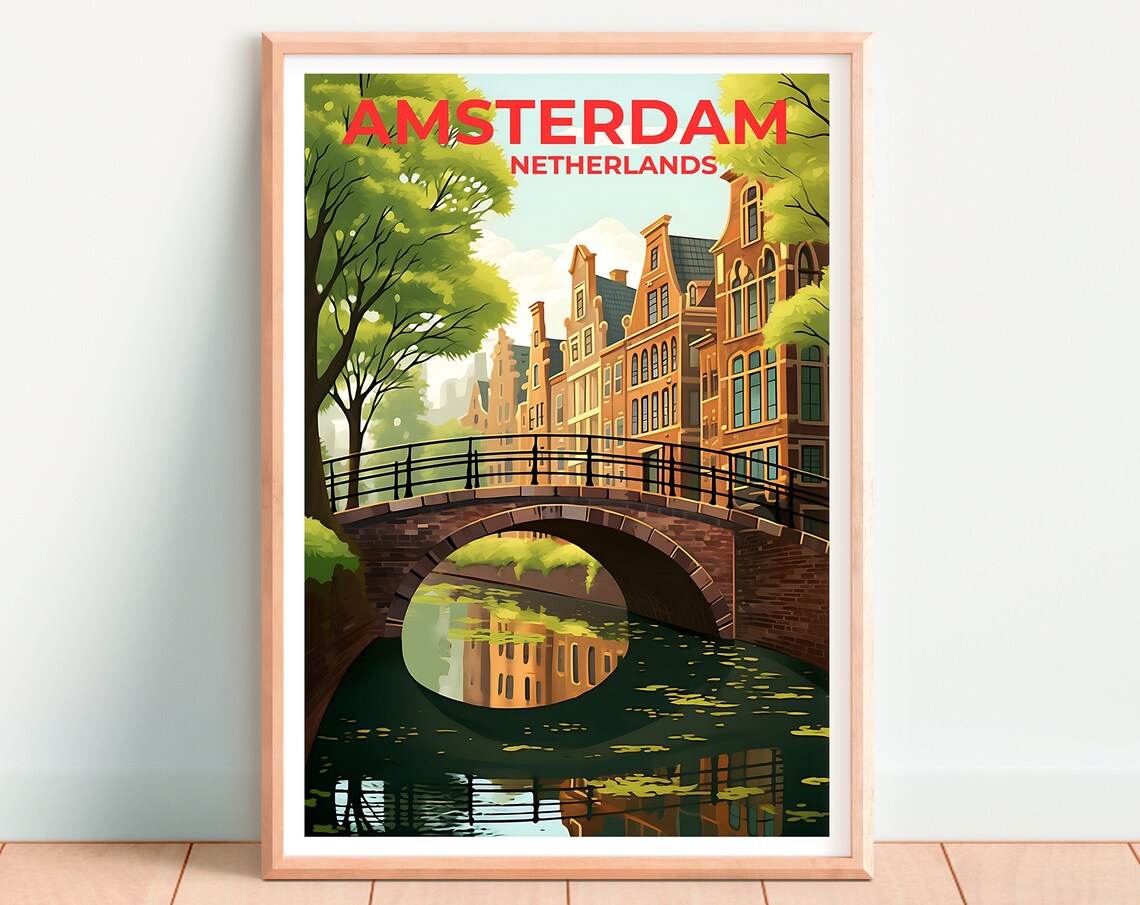Amsterdam Netherlands Canal Brick Bridge Gabled Houses Travel Poster - Image 4