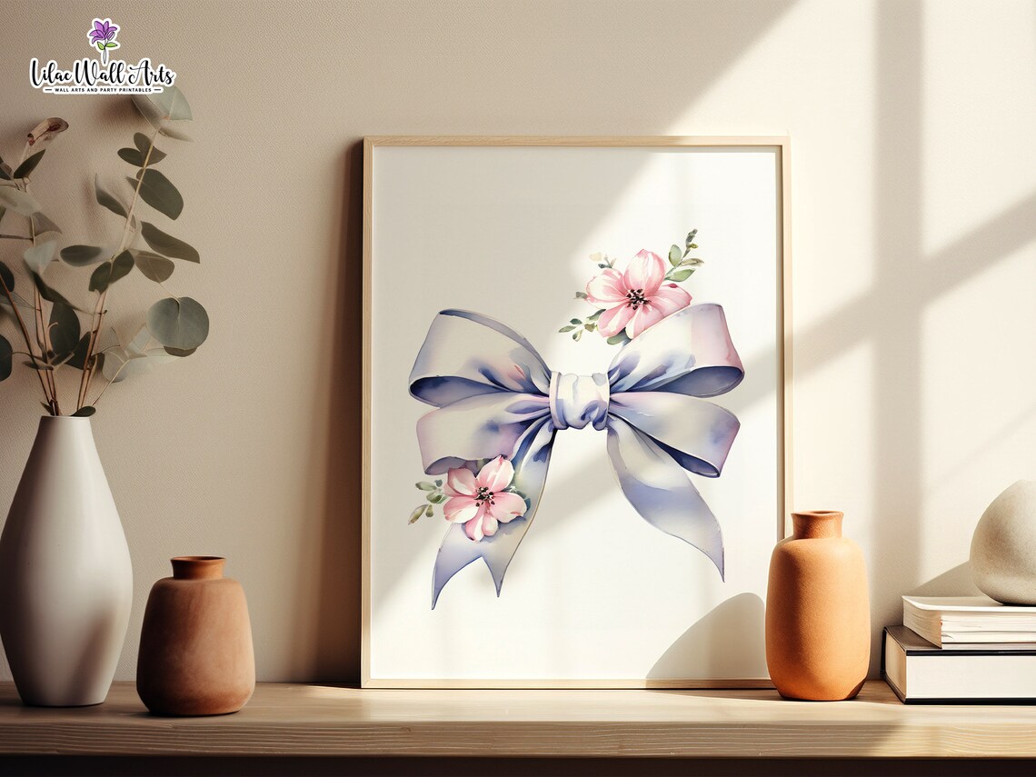 Lilac Bow Watercolor Poster Pink Floral Ribbon Nursery Wall Decor