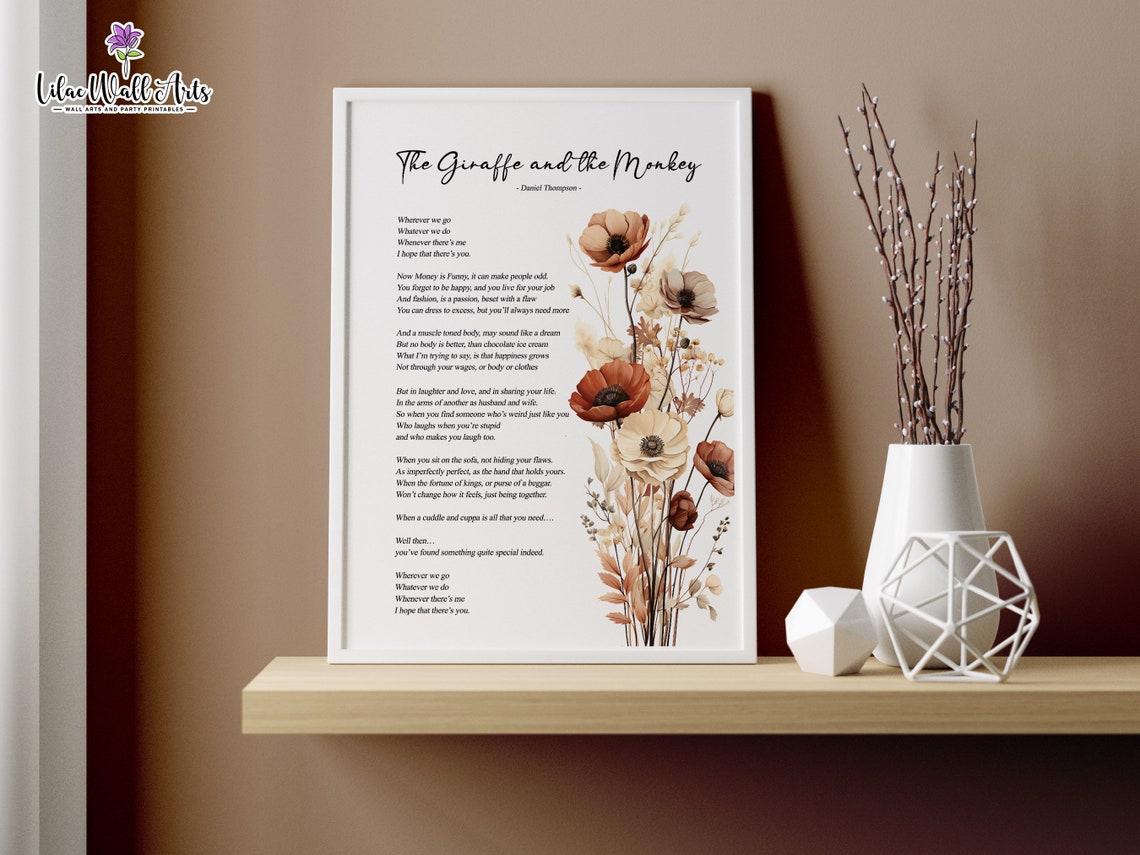 The Monkey And The Giraffe Love Poetry Print Love Poem Print Poem Wall Art Poem Gifts Love Poem For Him Bedroom Wall Dcor Lovers Poem - Image 2