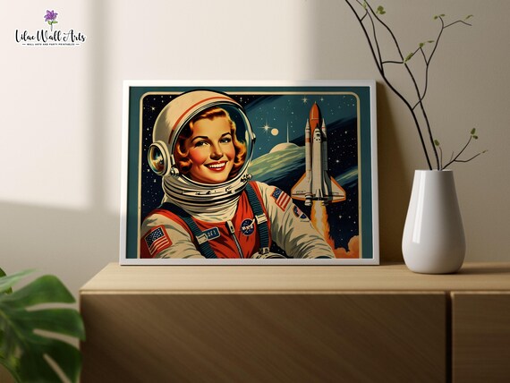 Retro Woman Astronaut Rocket Launch Vintage Nasa Space Mission Poster