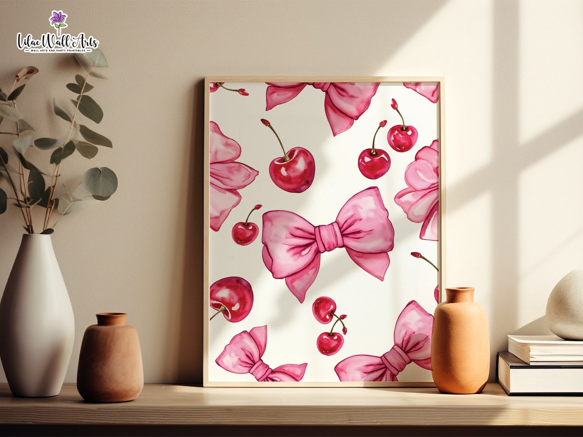 Pink Bow Cherry Pattern Watercolor Coquette Room Decor Poster - Image 5