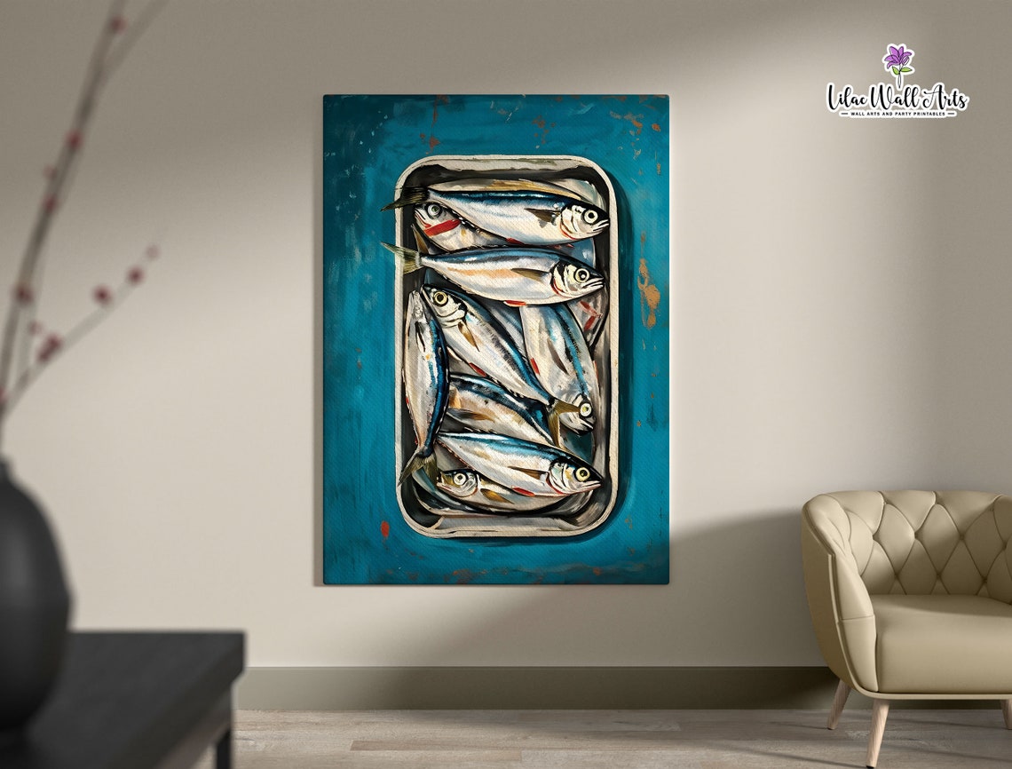 Sardine Tin Painting Poster Teal Kitchen Fish Art Coastal Decor - Image 6