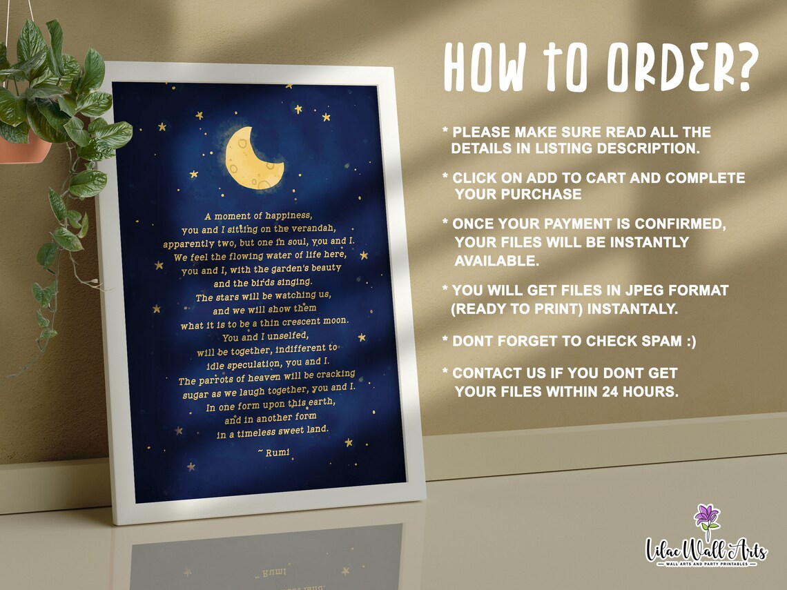 Rumi A Moment of Happiness Poem Poster Moon Stars Night Sky Quote Art - Image 3