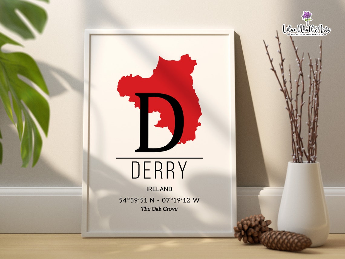 Derry Ireland Map County Derry Monogram Red Map Art Travel Poster