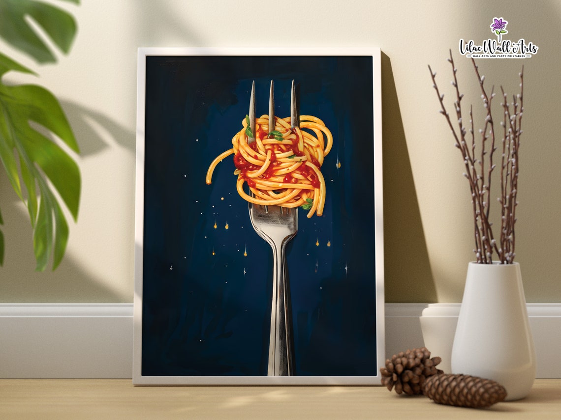 Spaghetti Tomato Sauce Fork Navy Blue Kitchen Food Art Poster - Image 5