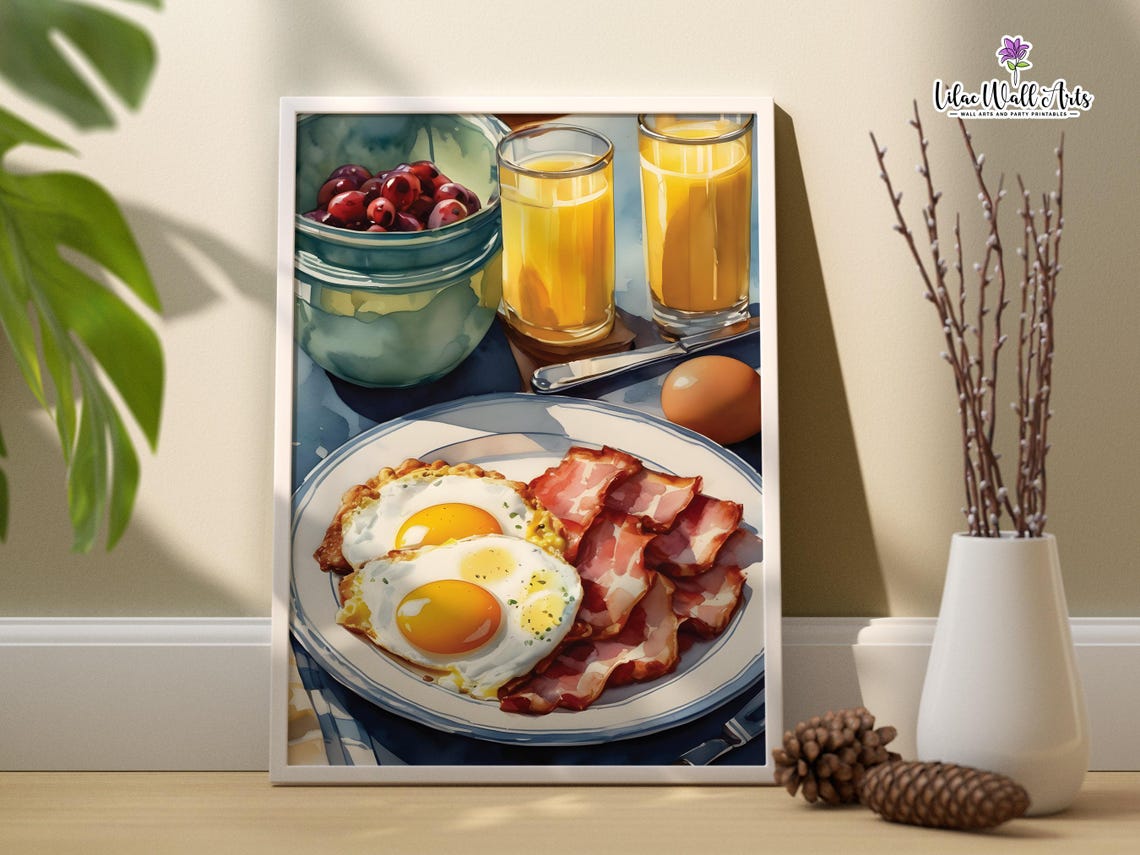 Watercolor Breakfast Plate Eggs Bacon Retro Kitchen Food Poster - Image 3