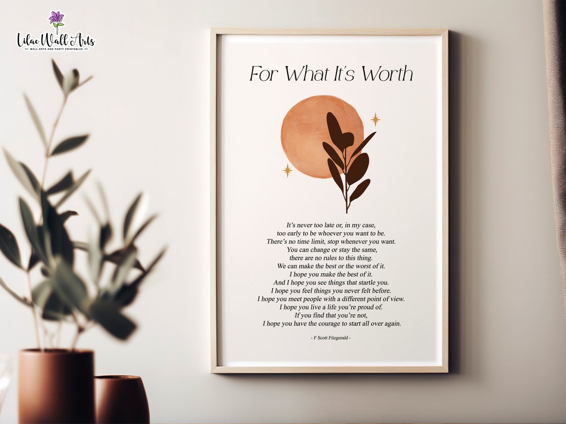 For What It's Worth F Scott Fitzgerald Boho Sun Quote Typography Print