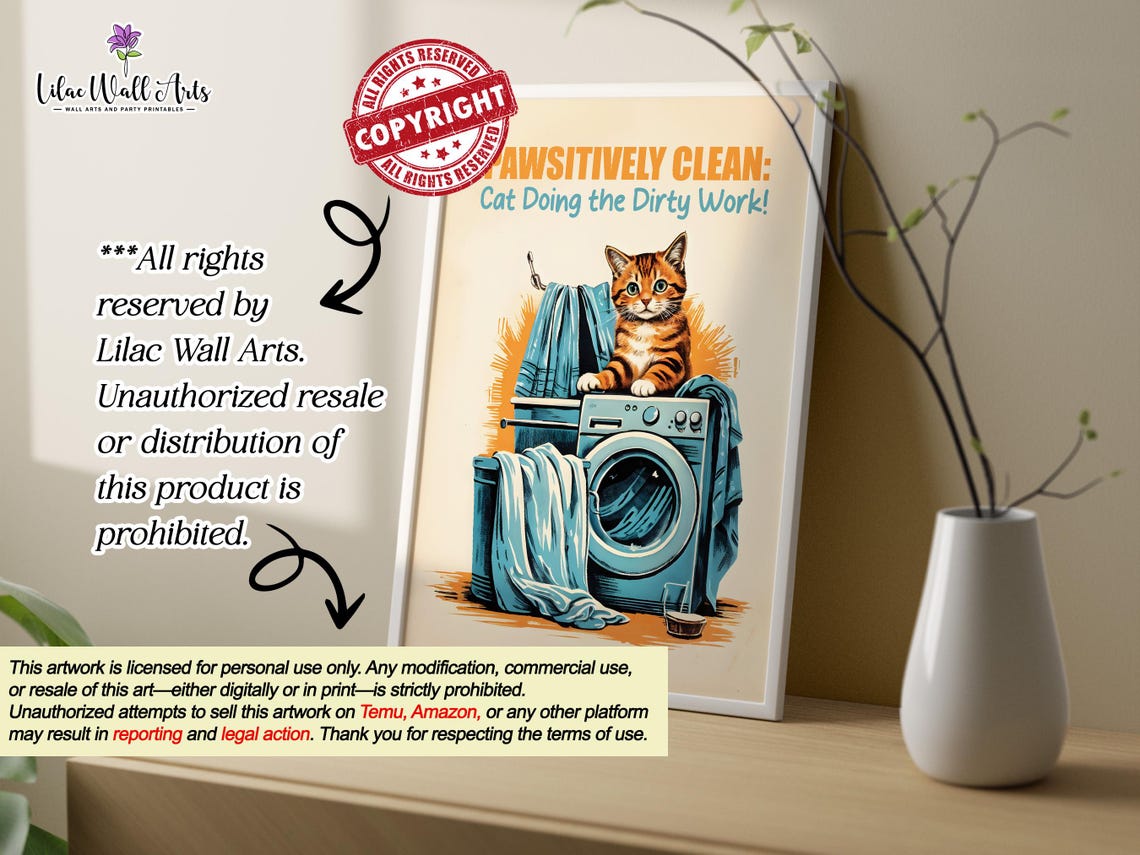 Pawsitively Clean Tabby Cat Laundry Pun Washing Machine Poster - Image 3