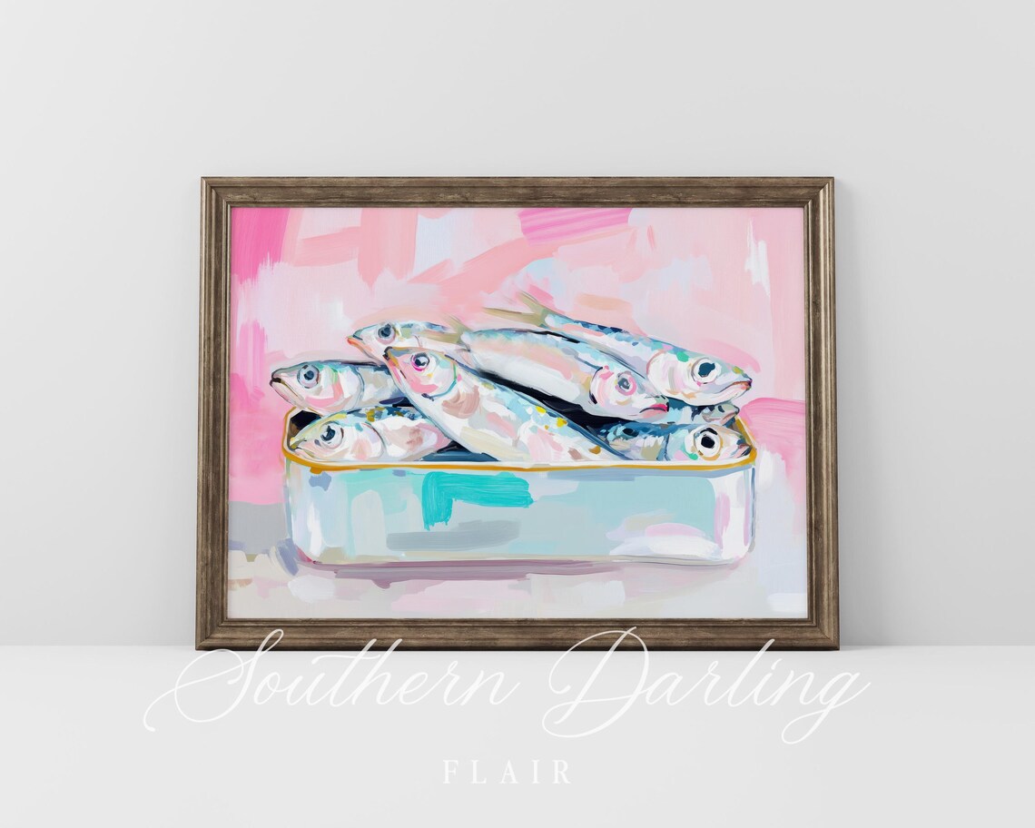 Sardines In Tin Pastel Pink Background Whimsical Seafood Art Poster - Image 4