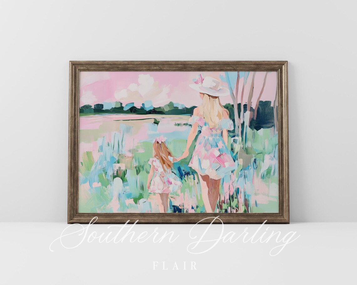Vintage Motherhood Painting Pastel Grandmillenial Florida Landscape Painting Art Print Spring Pink Water - Image 3