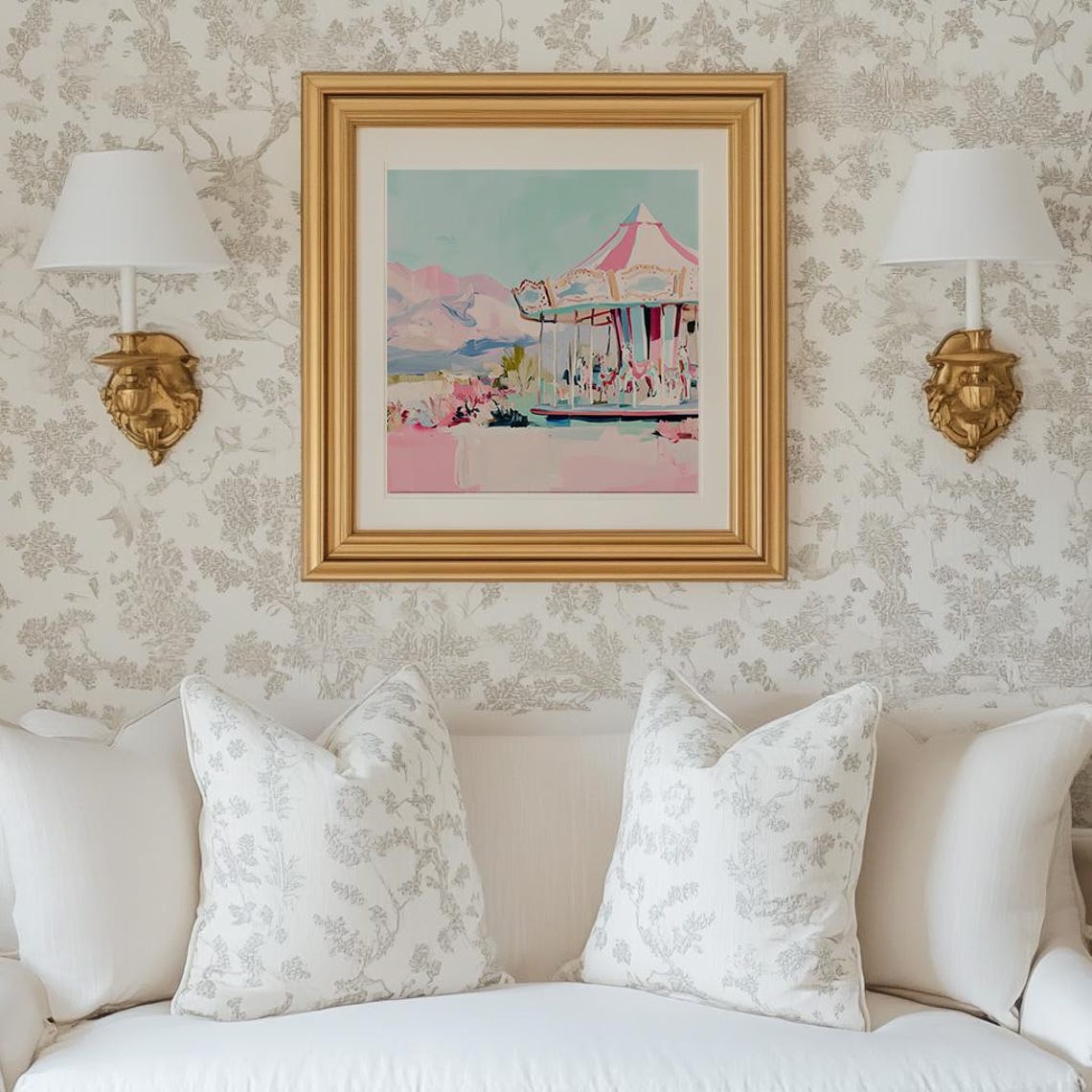 Pink And White Carousel With Mountains Pastel Amusement Art Poster - Image 5