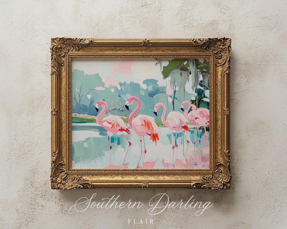 Pink Flamingos Wading In Lagoon Pastel Tropical Bird Art Poster - Image 3