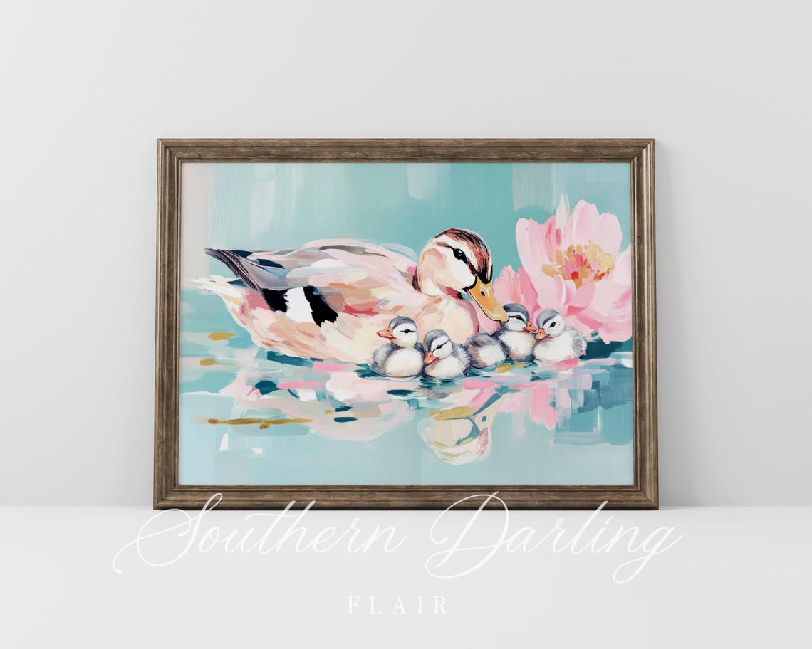Mother Duck With Ducklings Swimming In Teal Water Pastel Art Poster - Image 3