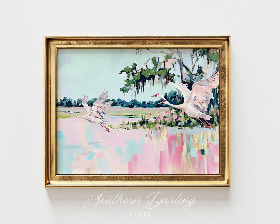 Sandhill Cranes Over Water, Grandmillennial Art Print