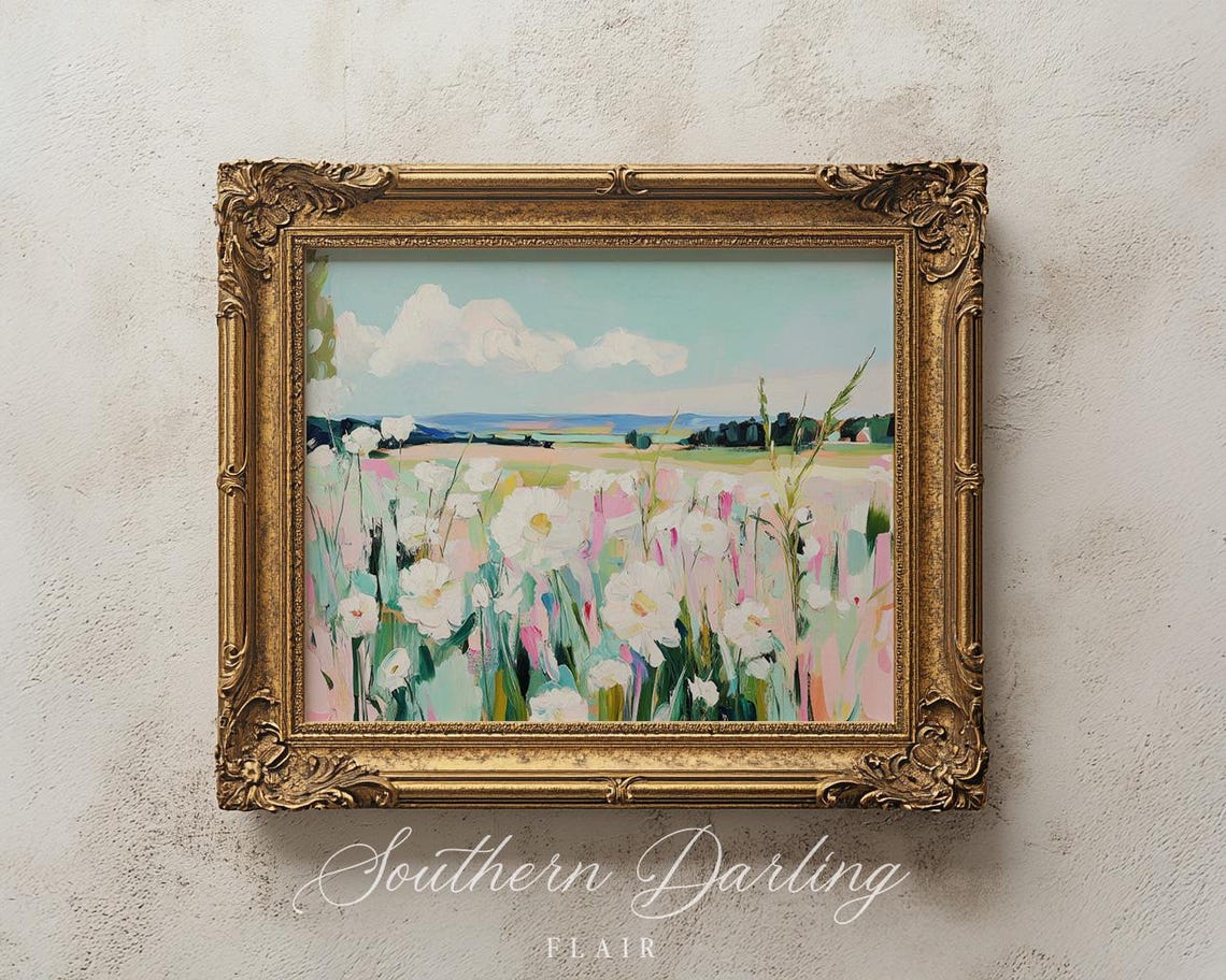 Pastel Wildflower Meadow With White Daisies Spring Landscape Poster - Image 2