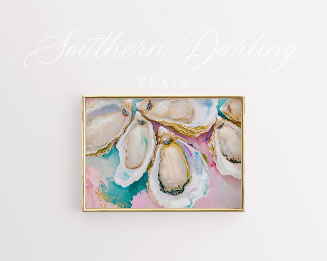 Oyster Shells Painting Turquoise And Pink Coastal Kitchen Art Poster - Image 2