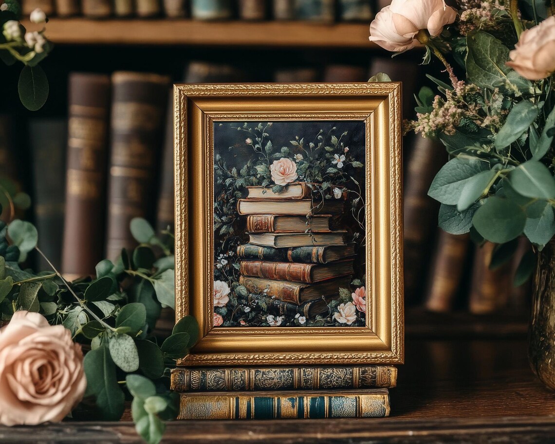 Dark Academia Books And Flowers Art Print, Cottagecore - Image 5