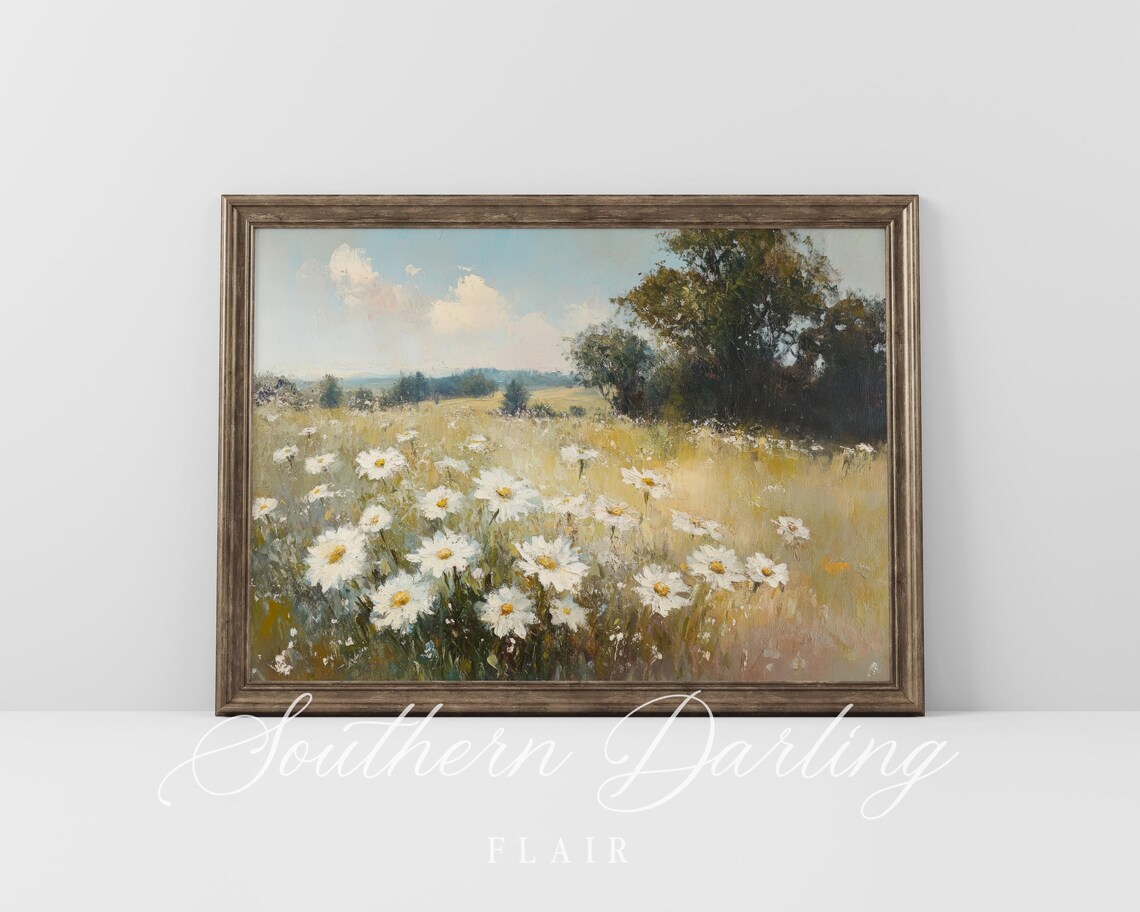 Vintage White Daisy Field Wildflower Meadow Country Landscape Poster - Image 5