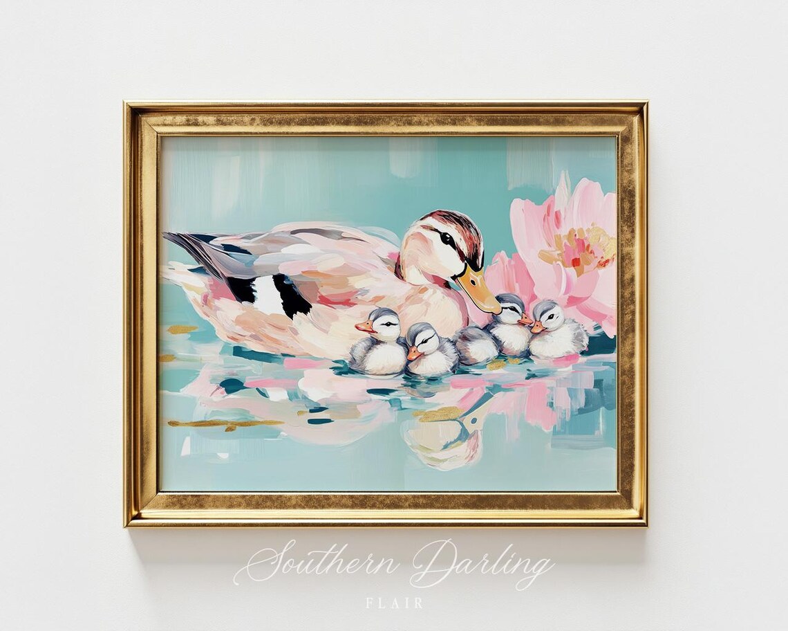 Mother Duck With Ducklings Swimming In Teal Water Pastel Art Poster