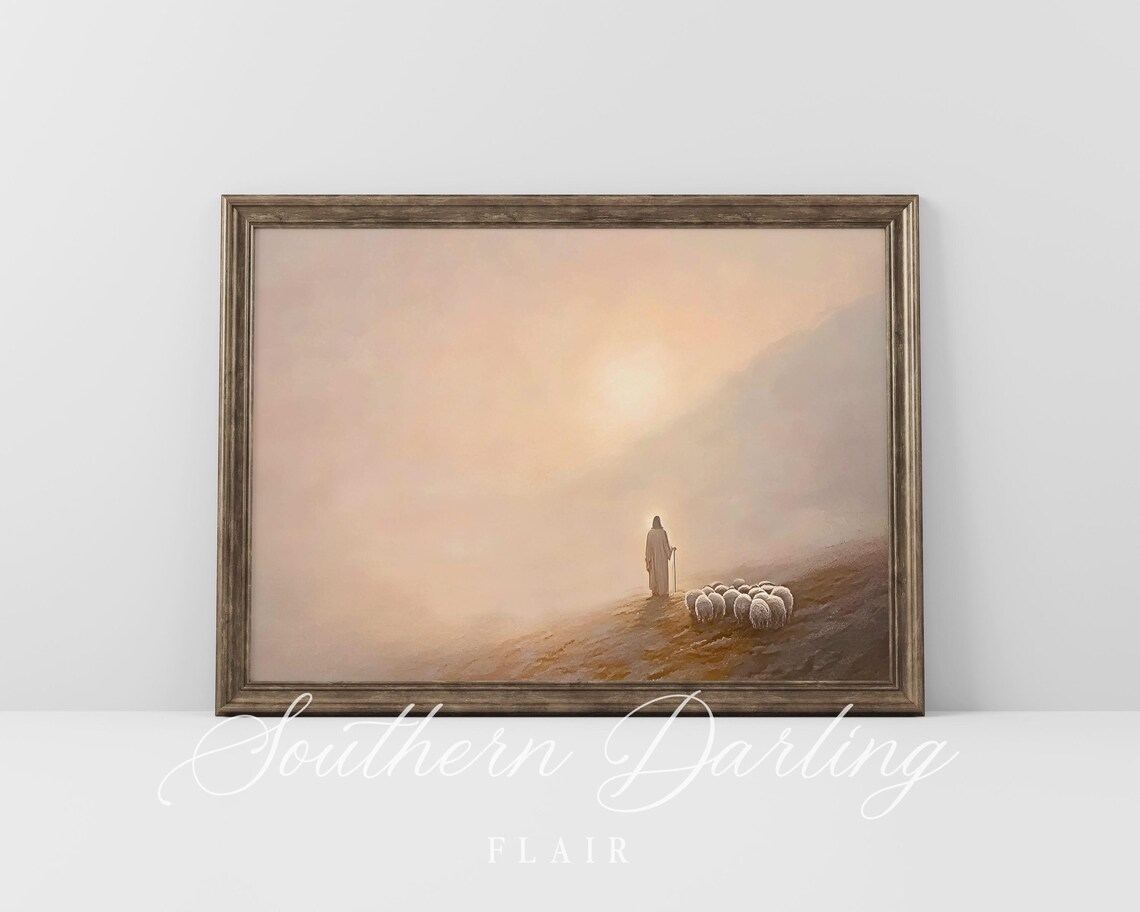 Jesus The Good Shepherd With His Flock On A Misty Golden Sunrise Poster - Image 5