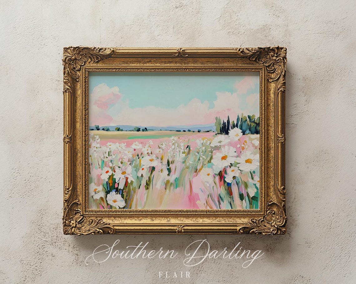 Pastel Wildflower Meadow Daisy Field Spring Landscape Art Poster - Image 2