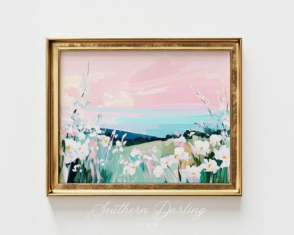 White Wildflowers Meadow Under A Pink Sky Pastel Landscape Poster