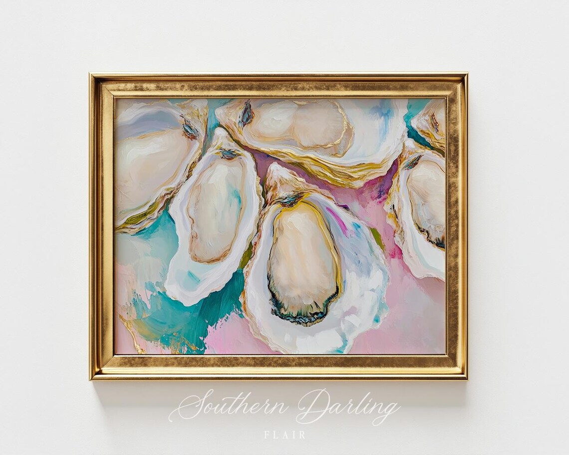 Oyster Shells Painting Turquoise And Pink Coastal Kitchen Art Poster