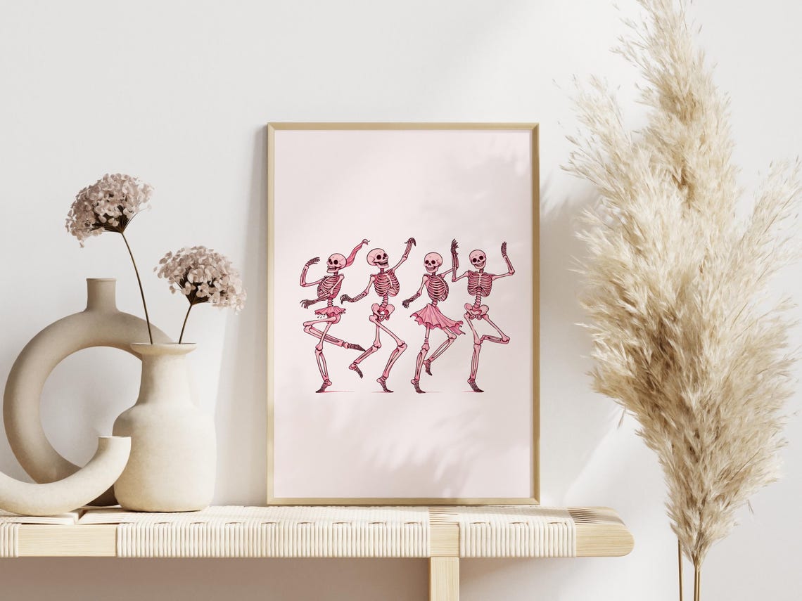 Pink Dancing Skeletons In Tutus Halloween Coquette Fun Art Poster - Image 2