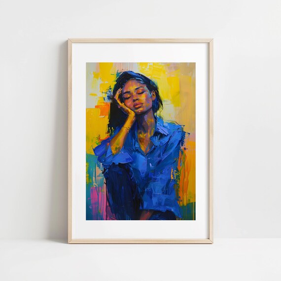 Contemplative Woman Portrait Vibrant Blue Oil Painting Poster