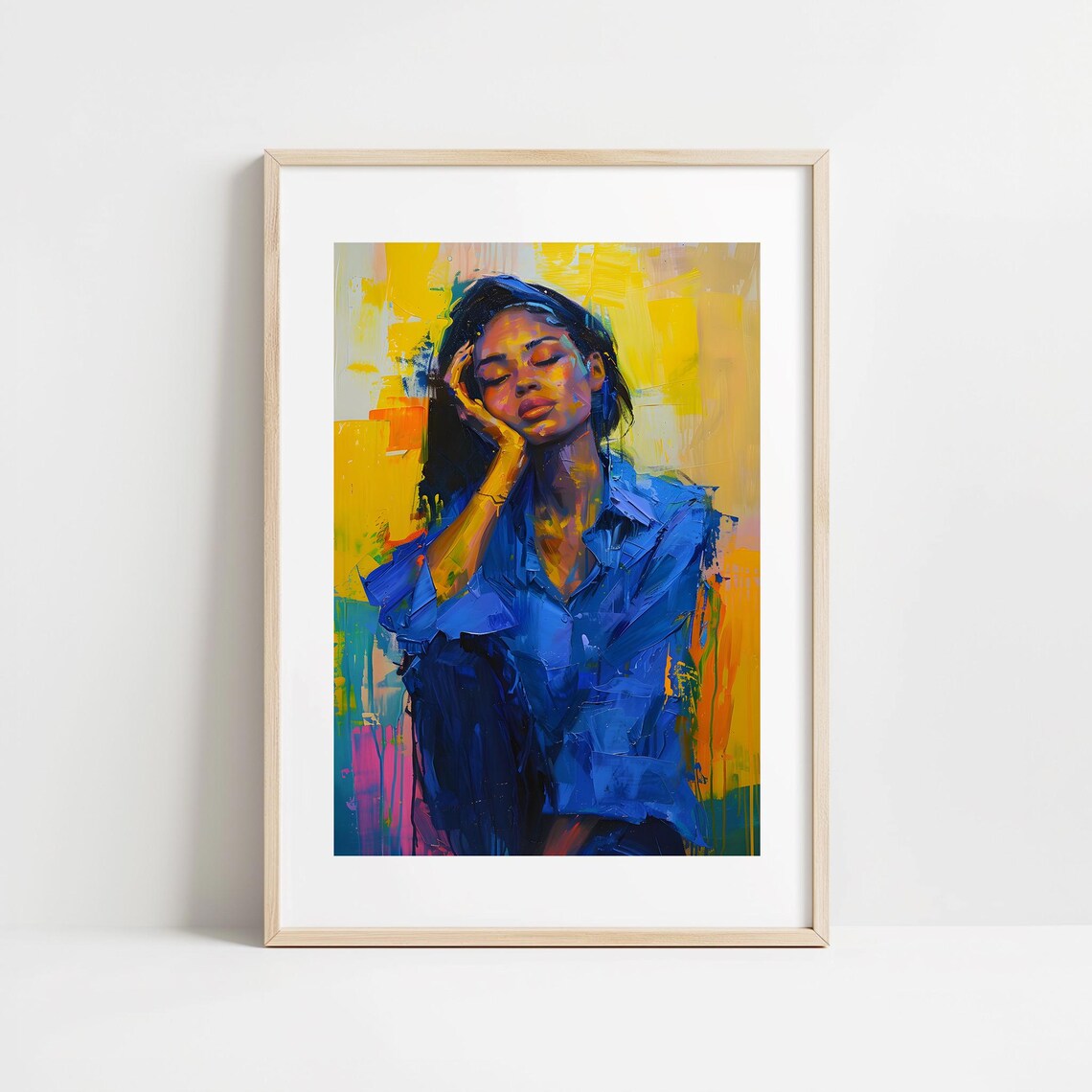 Contemplative Woman Portrait Vibrant Blue Oil Painting Poster