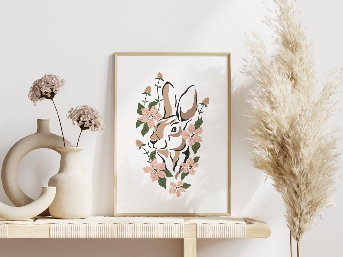 Bohemian Rabbit Head Profile Pink Floral Botanical Garden Poster - Image 3