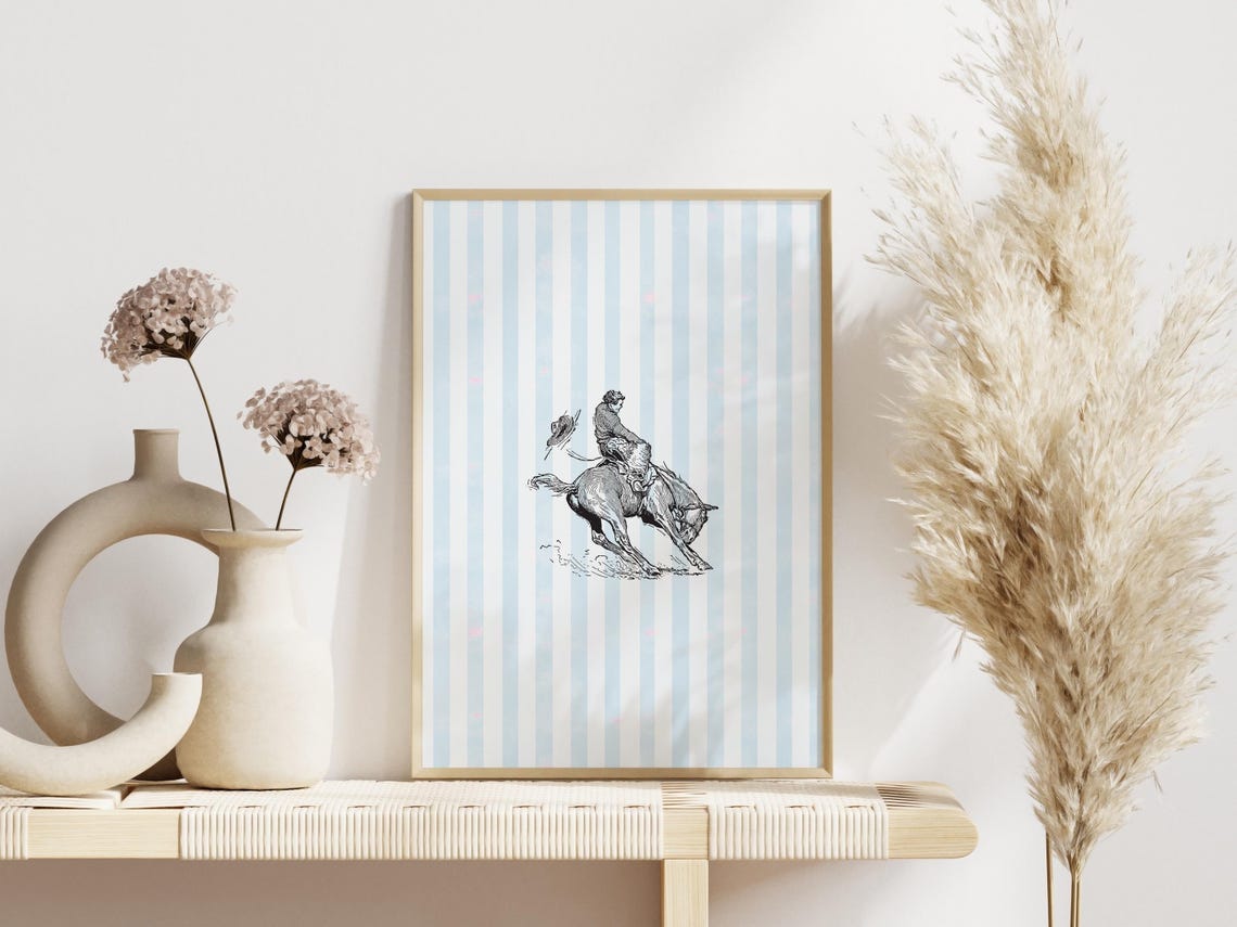 Western Cowboy Bucking Horse Vintage Line Art Blue Striped Poster - Image 2