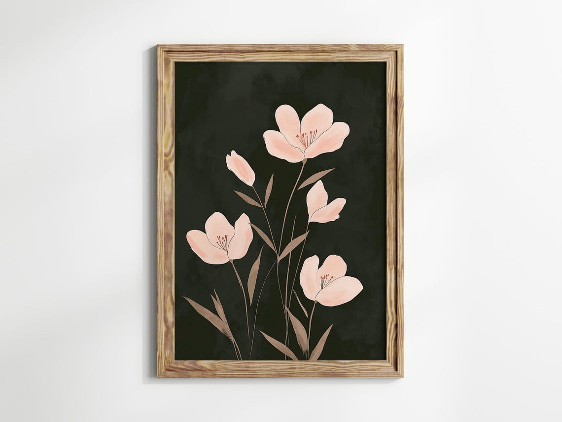 Blush Pink Flowers Moody Dark Botanical Elegant Wall Art Decor - Image 2