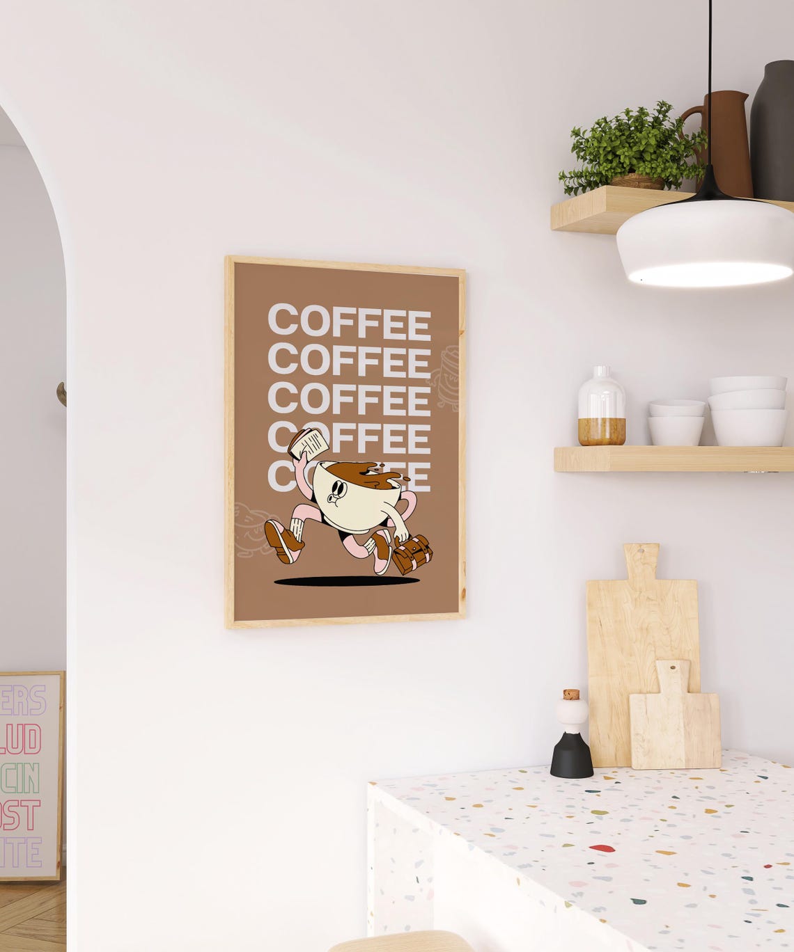 Coffee Repeat Running Cup Mascot Brown Retro Kitchen Wall Poster - Image 3
