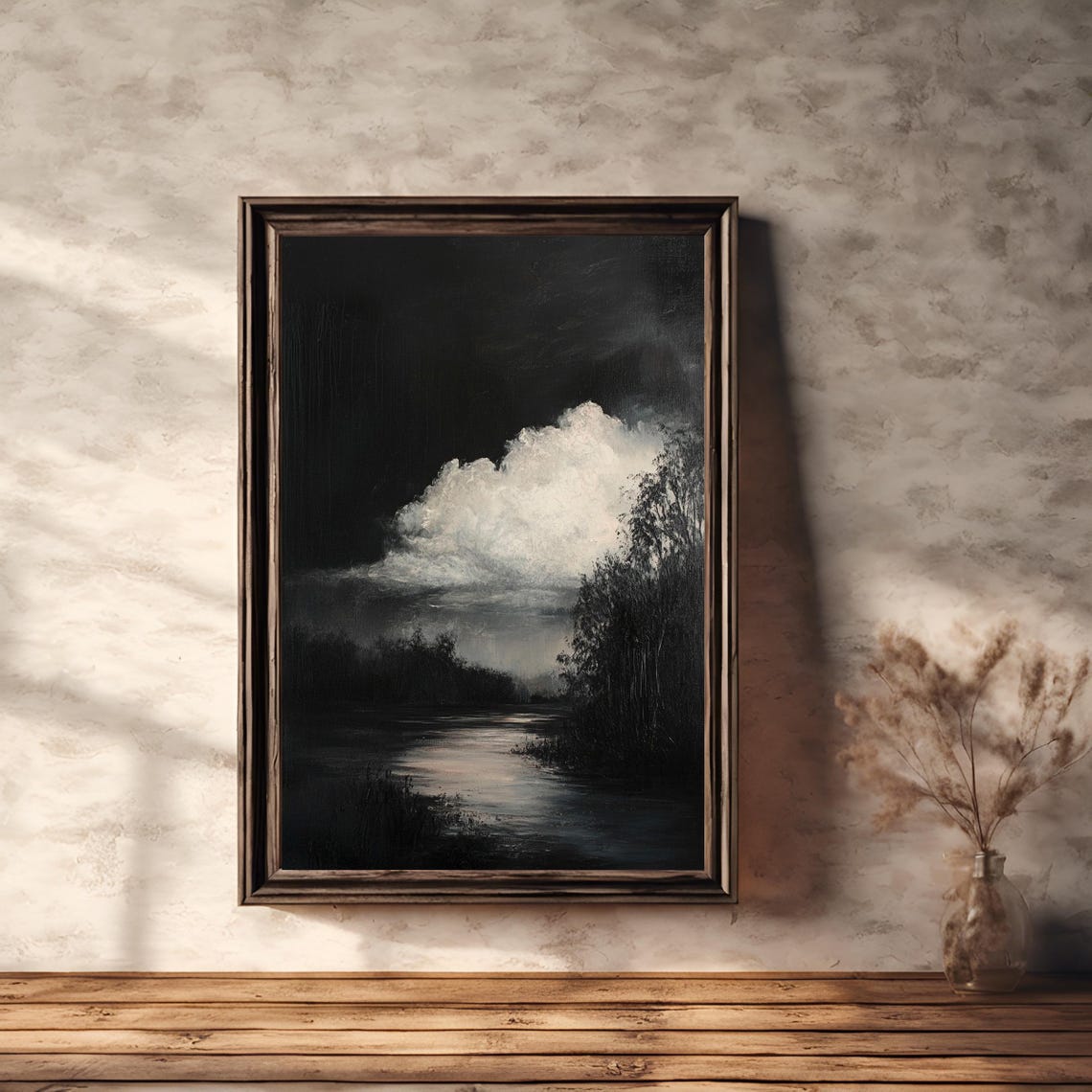 Stormy Night Moonlit River Dark Moody Landscape Painting Poster - Image 2