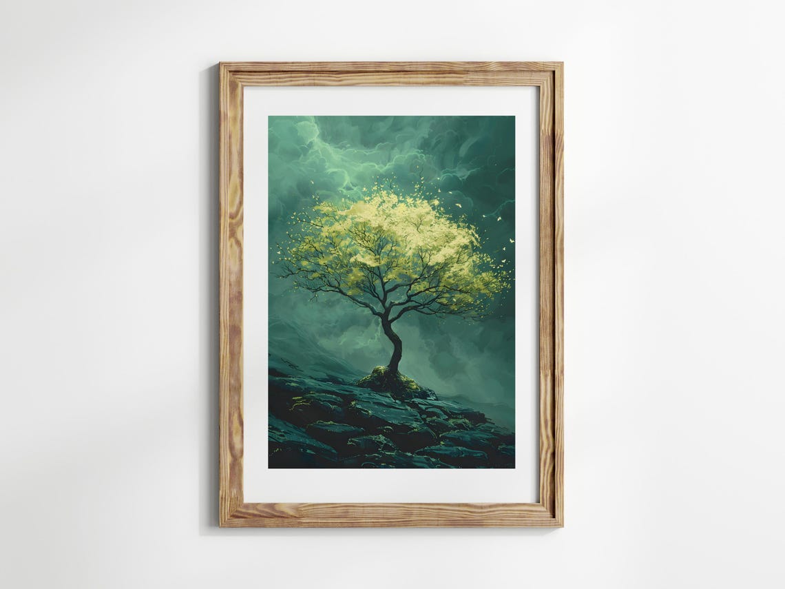 Golden Yellow Tree Mystical Dark Storm Sky Rocky Ledge Poster - Image 3