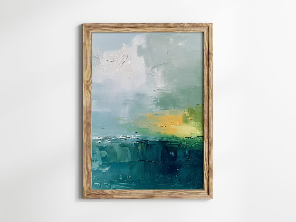 Modern Moody Teal and Gold Abstract Landscape Oil Painting Wall Art - Image 2