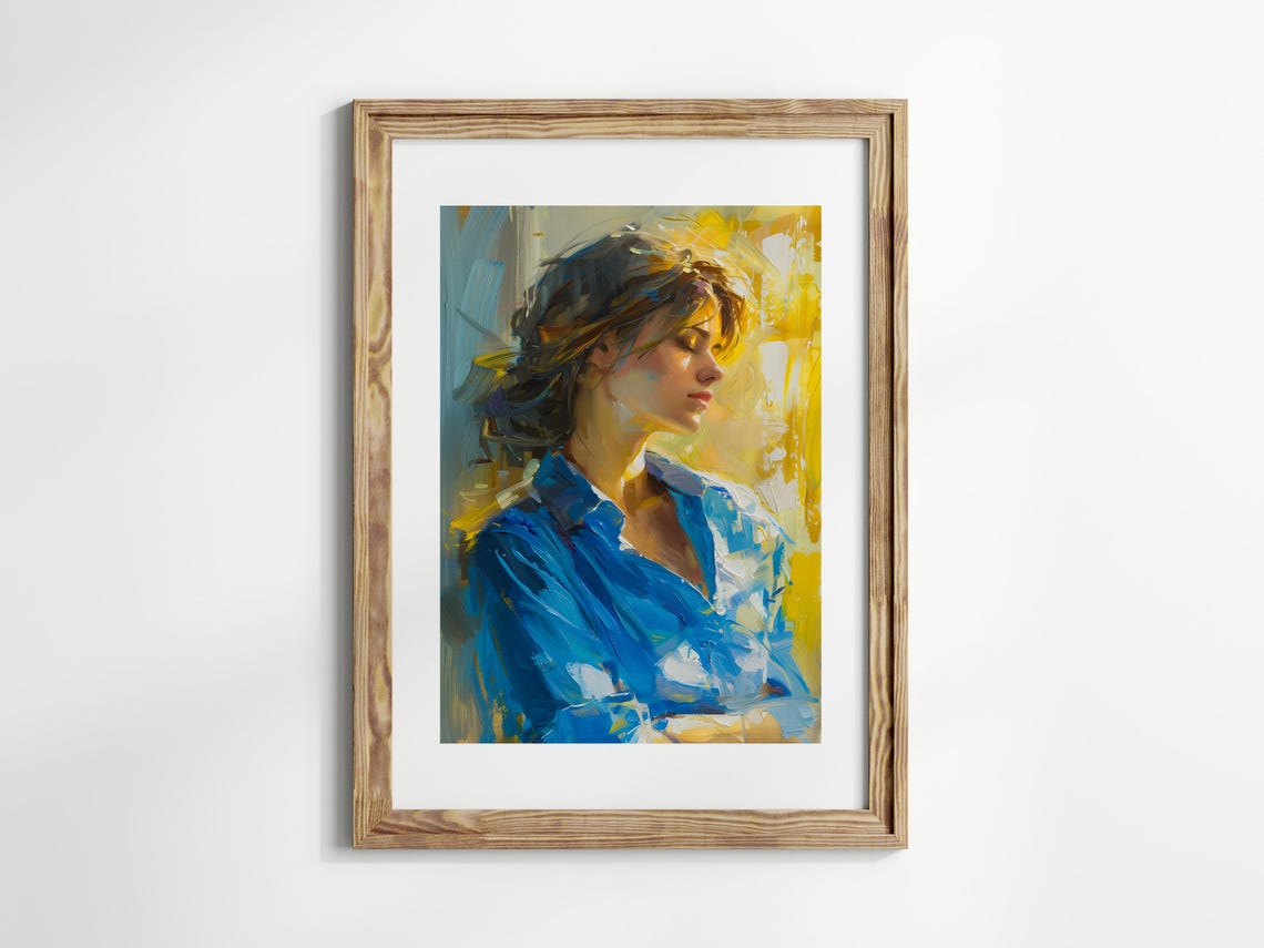 Dreamy Woman Portrait Impressionist Golden Light Blue Blouse Poster - Image 2