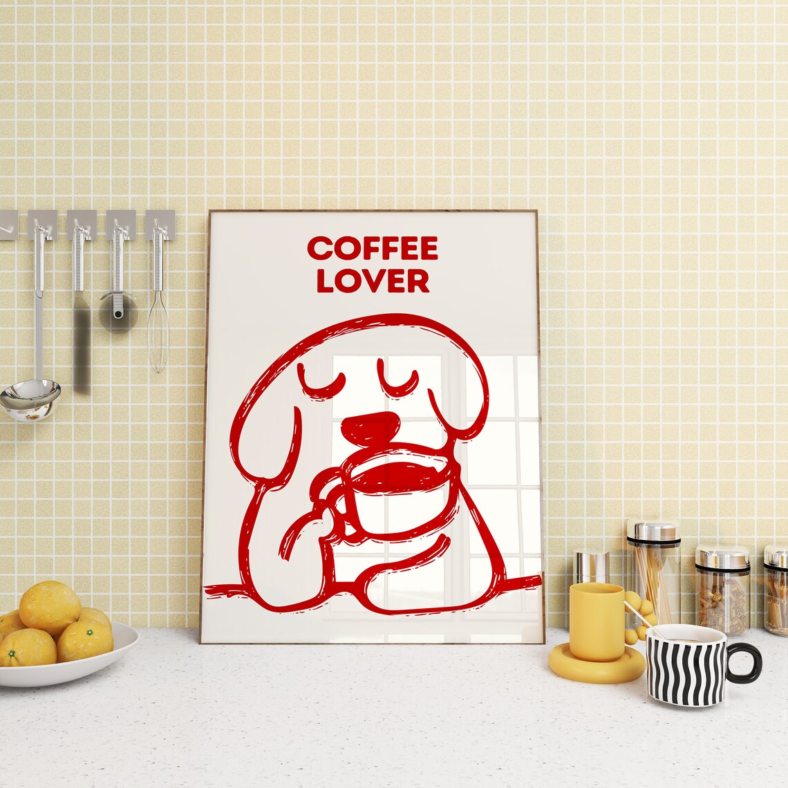 Cute Red Line Art Coffee Lover Dog Holding Mug Kitchen Poster