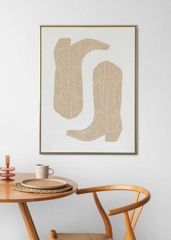 Beige Cowboy Boots Print Minimalist Southern Wall Art Girly Pink Poster Vintage Western Cowgirl Art Cute Apartment Decor Cowgirl Boot