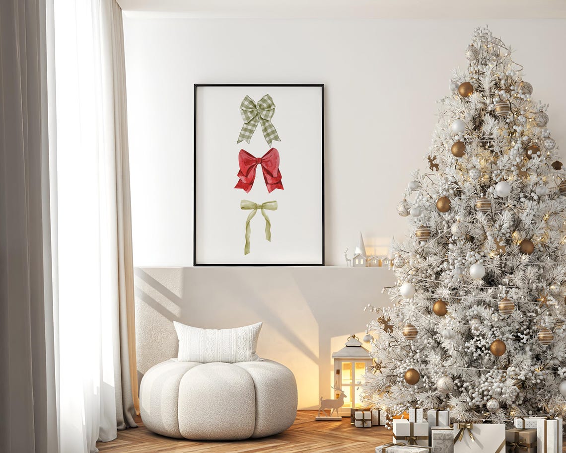 Watercolor Christmas Bows Trio Red Green Gingham Holiday Poster - Image 2