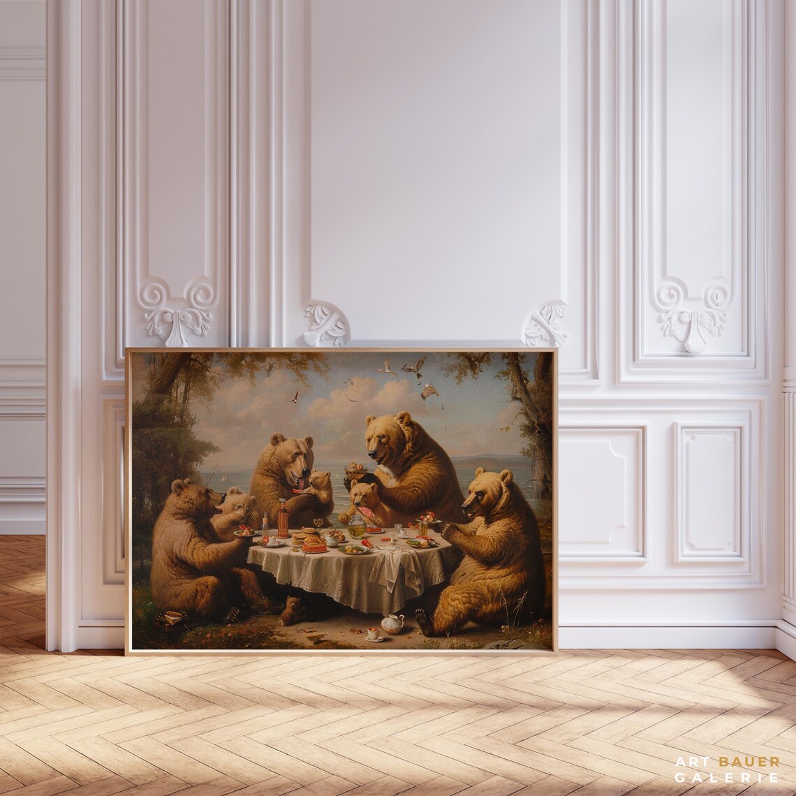 Brown Bears Family Picnic By The Lake Vintage Whimsical Animal Art Poster - Image 2