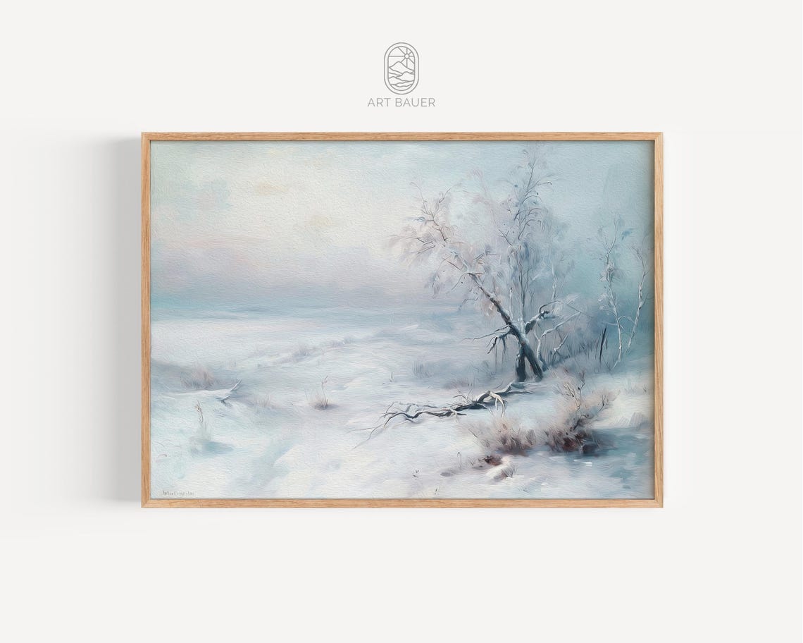 Abstract Winter Landscape Pale Blue Frosty Trees Snowy Field Art Print