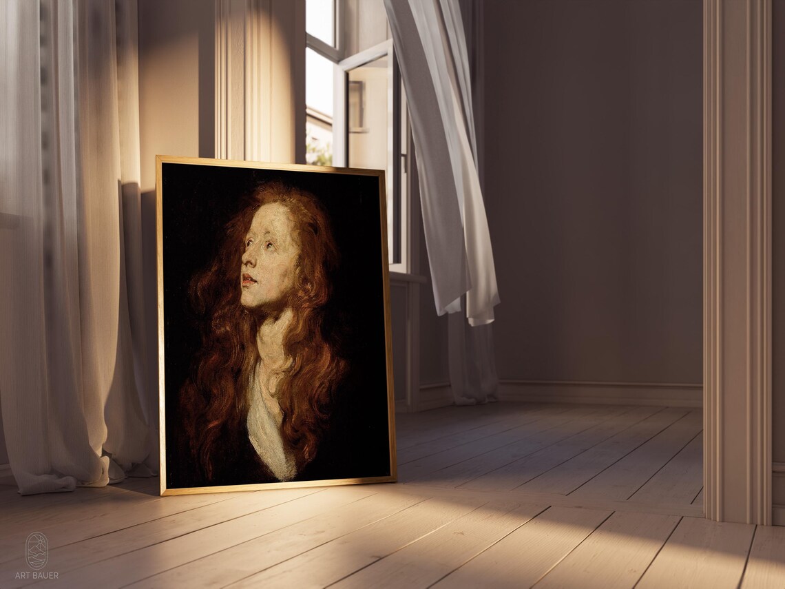 Van Dyck Head Study of Woman Gazing Upward Dark Background Art Print - Image 4