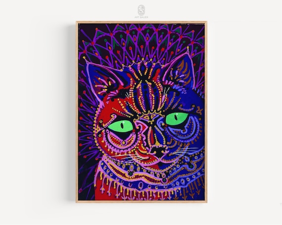 Louis Wain Neon Night Cat Portrait Glowing Eyes Psychedelic Print