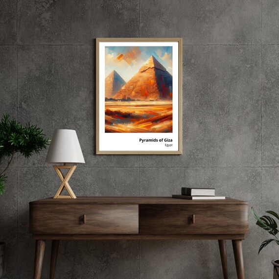 Pyramids Of Giza Art Print Captivating Painting Of Ancient Egyptian Wonders Vibrant Wall Decor Timeless Desert Landscape Art