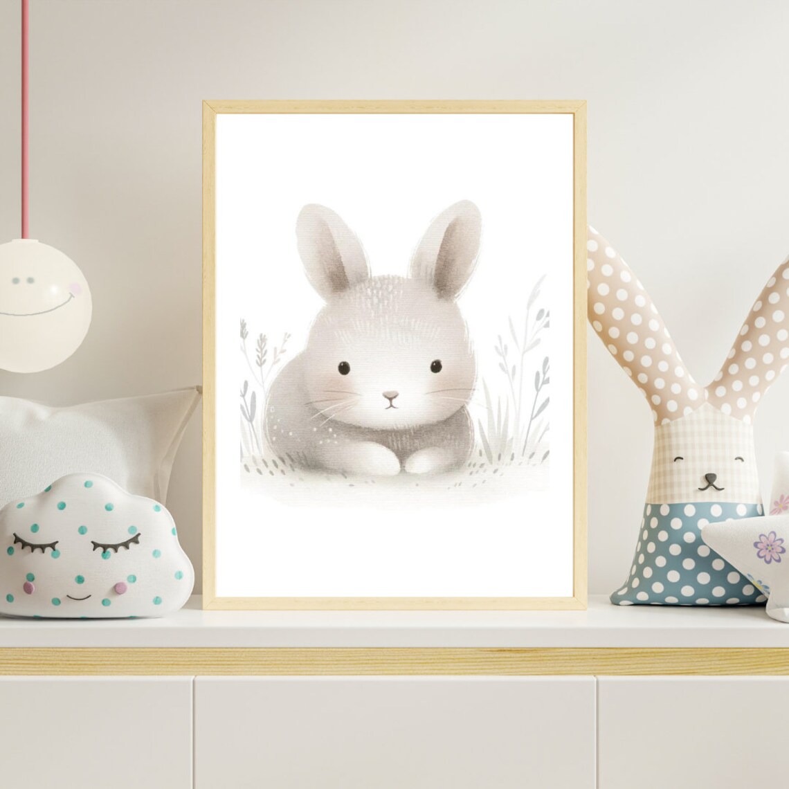 Cozy Gray Bunny Soft Grass Watercolor Cute Nursery Art Poster - Image 4