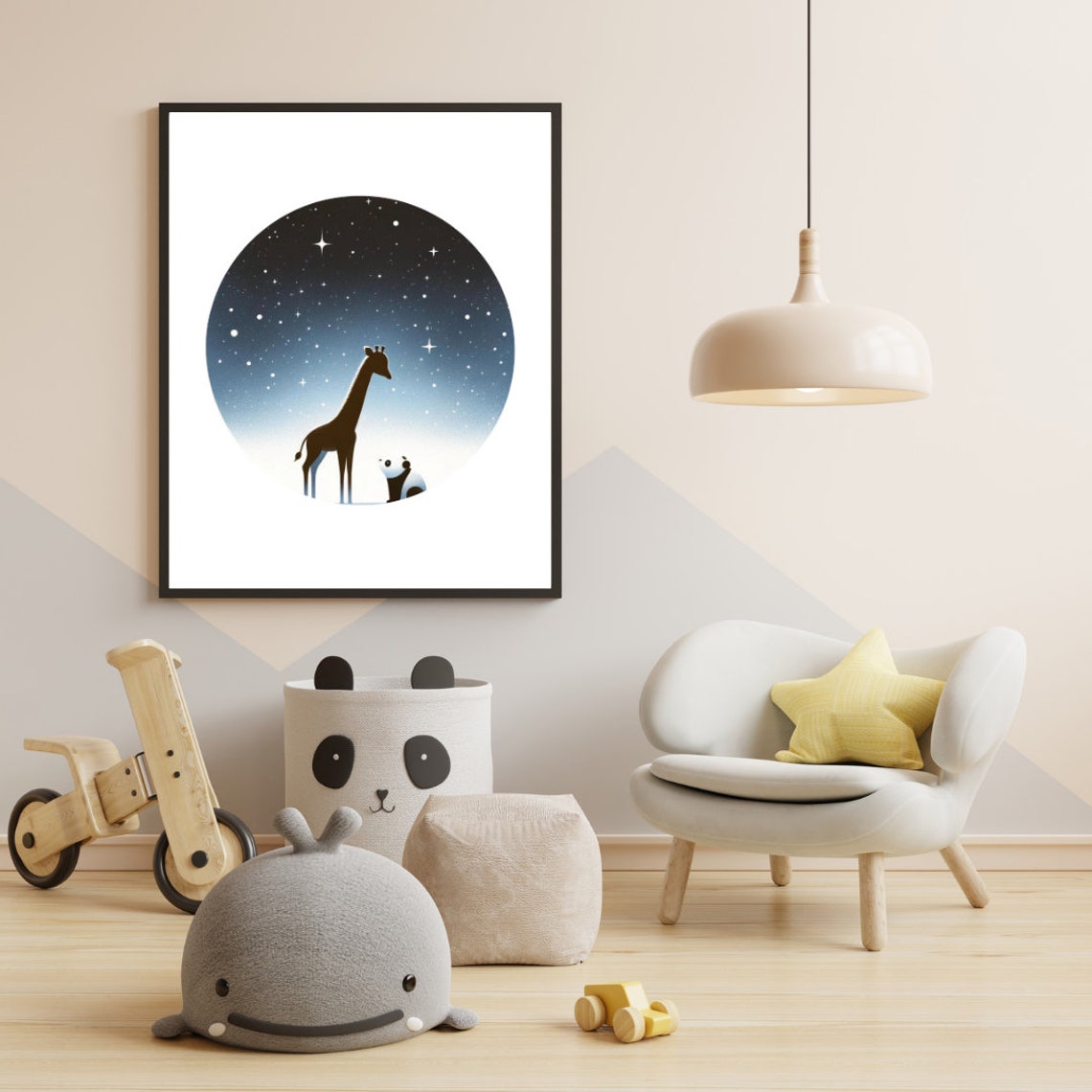 Giraffe Panda Starry Night Silhouette Magical Nursery Kids Wall Art - Image 2