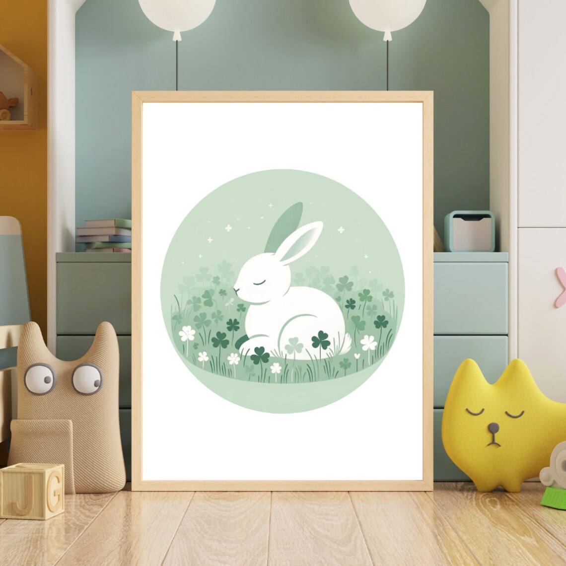 White Bunny Clover Field Soft Green Nursery Rabbit Illustration Wall Art - Image 4