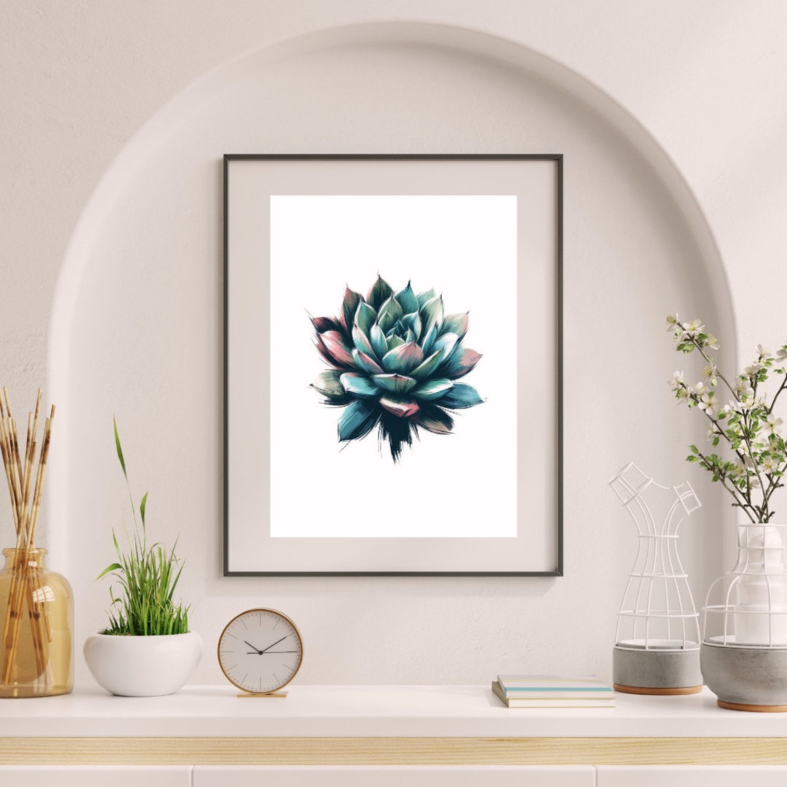 Blue Green Echeveria Succulent Bold Brushstroke Watercolor Poster